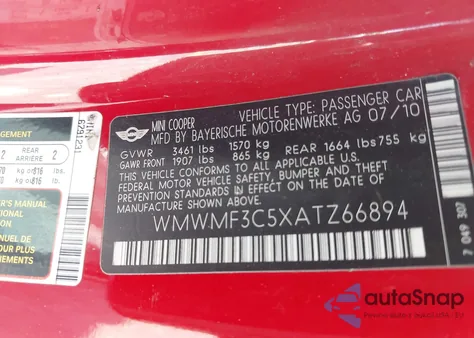 2010 Mini Cooper z USA, uszkodzony, nr VIN WMWMF3C5XATZ66894